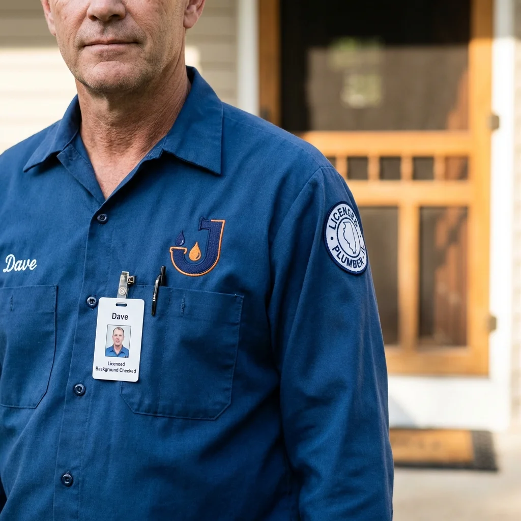 Licensed plumber showing ID badge in Little Rock Air Force Base, AR