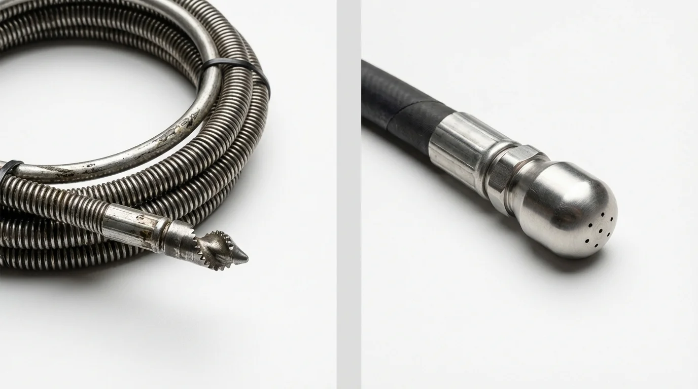 Drain snake cable and hydro jetting nozzle used for drain cleaning in Little Rock Air Force Base, AR