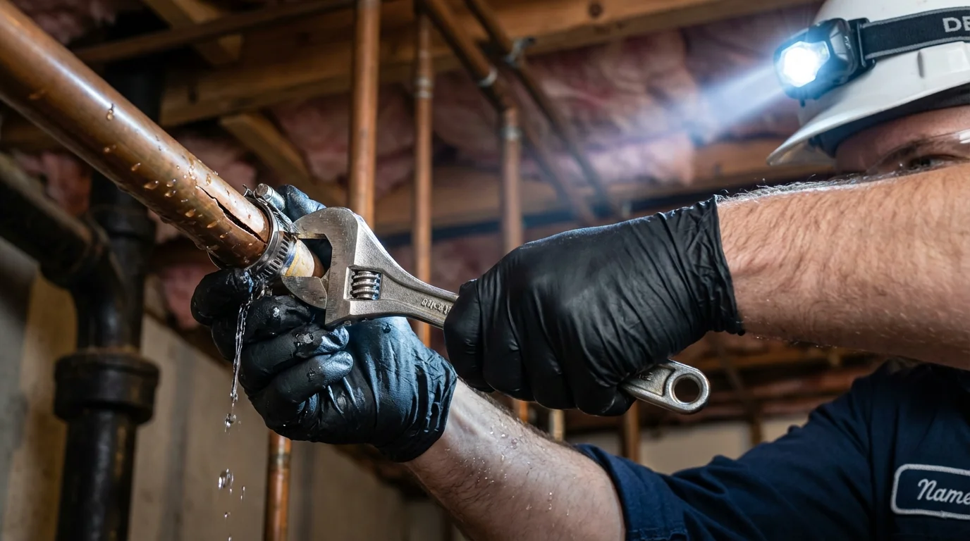 Emergency pipe clamp repair being performed by a Johns Plumbing LLC plumber in Little Rock Air Force Base