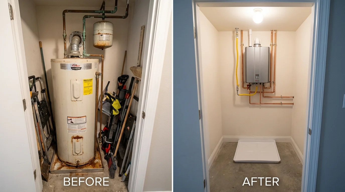 Tank water heater versus wall-mounted tankless unit comparison for Little Rock Air Force Base, AR homeowners