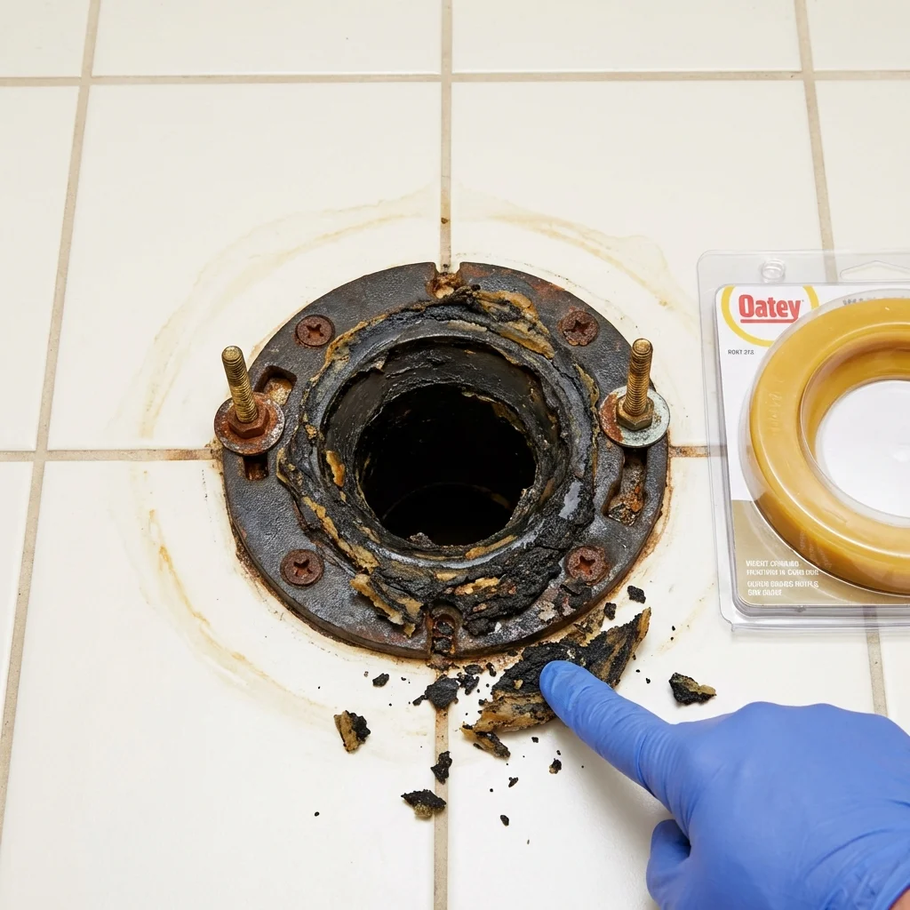 Failed wax ring showing water seepage at the base of a toilet in a Little Rock Air Force Base, AR home