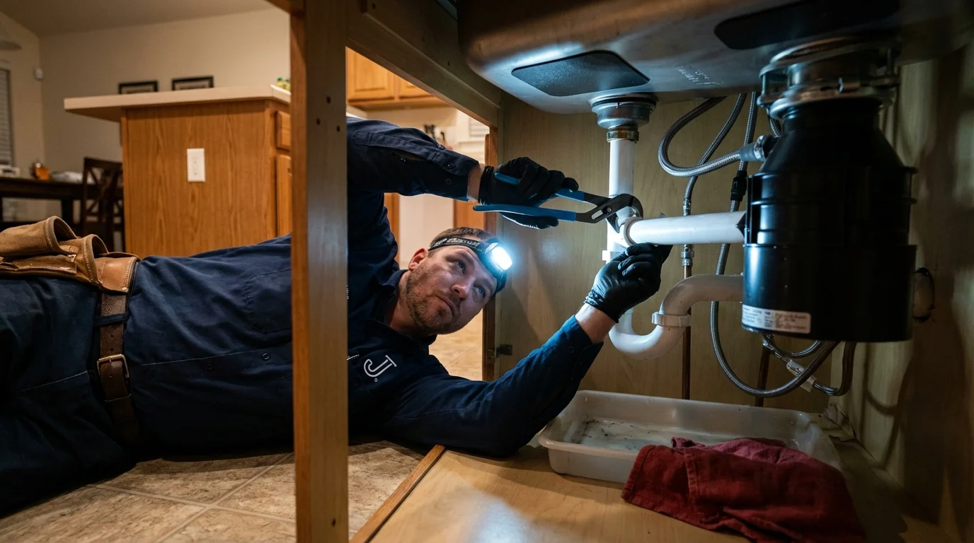 P-trap and supply line connections under a kitchen sink showing a common leak point in Little Rock Air Force Base, AR